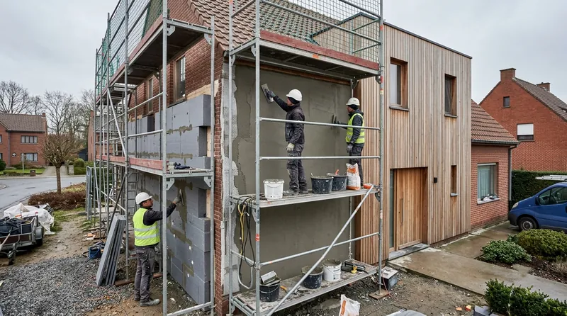 Nieuwe gevelbekleding en sierpleister op een gerenoveerde gevel